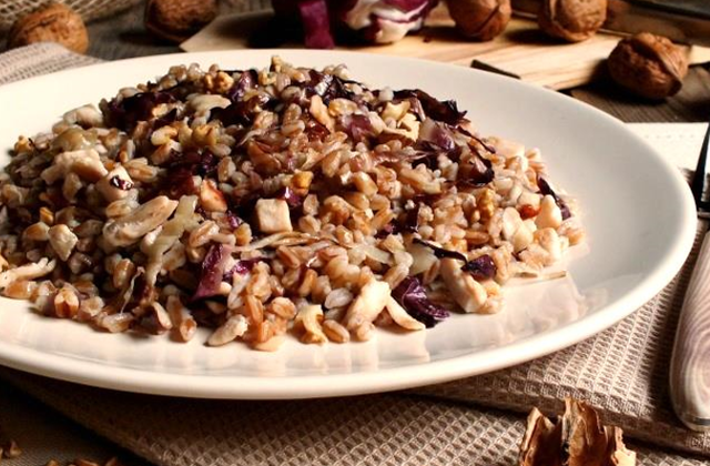 Farro con pesto di noci, cannellini e radicchio tardivo